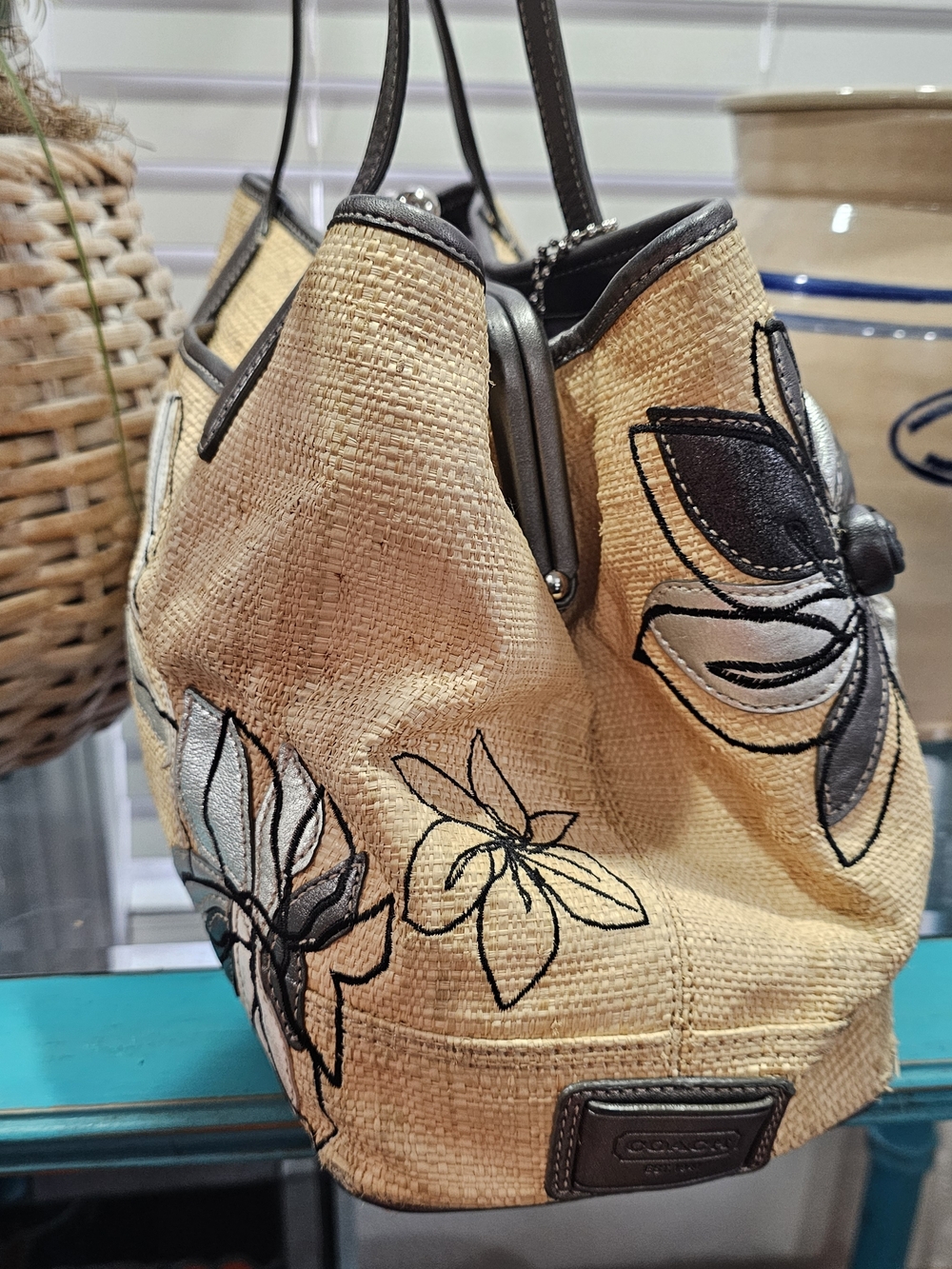 Coach Raffia Floral Appliqué Tote Bag, Lavender Lining Includes Wallet Pre Owned - Picture 12 of 14